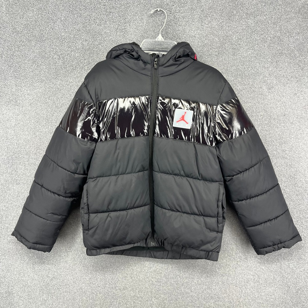 Jordan Puffer Jacket Kids Medium 10-12 Black Glossy Ripstop Hooded Coat 677838